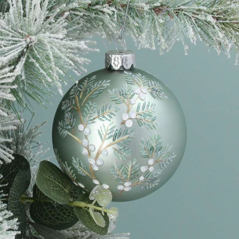 Gisela Graham Matt Pale Green Glass Christmas Bauble Twigs & Berries 00473 main