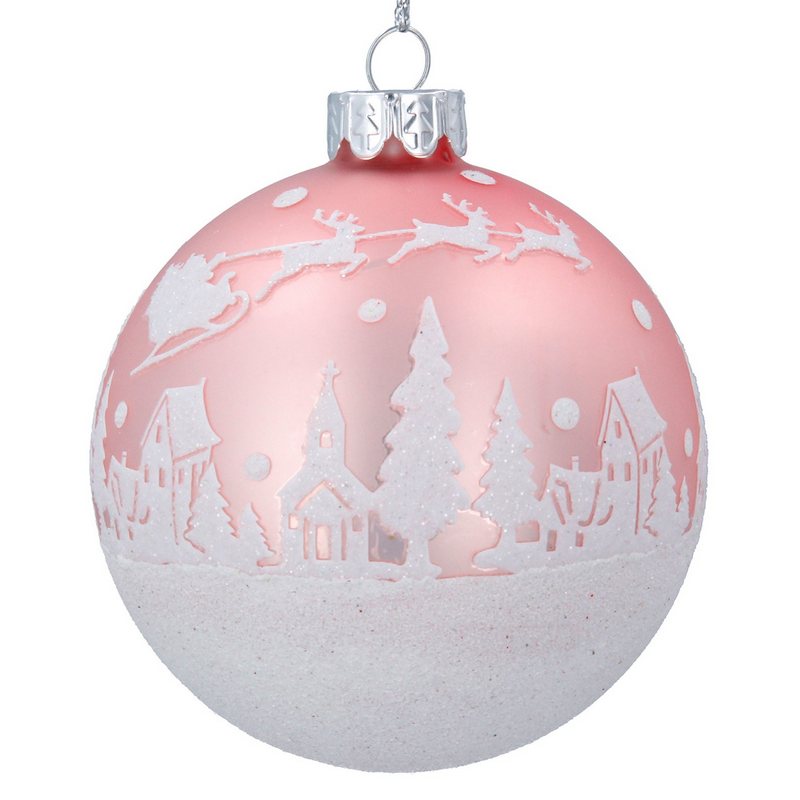 Gisela Graham Matt Pink Glass Bauble Glitter Snowscene 01837 main