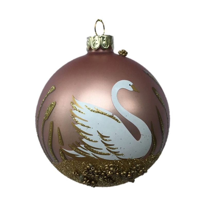 Gisela Graham Matt Pink Glass Bauble with Swan and Gold Leaves
