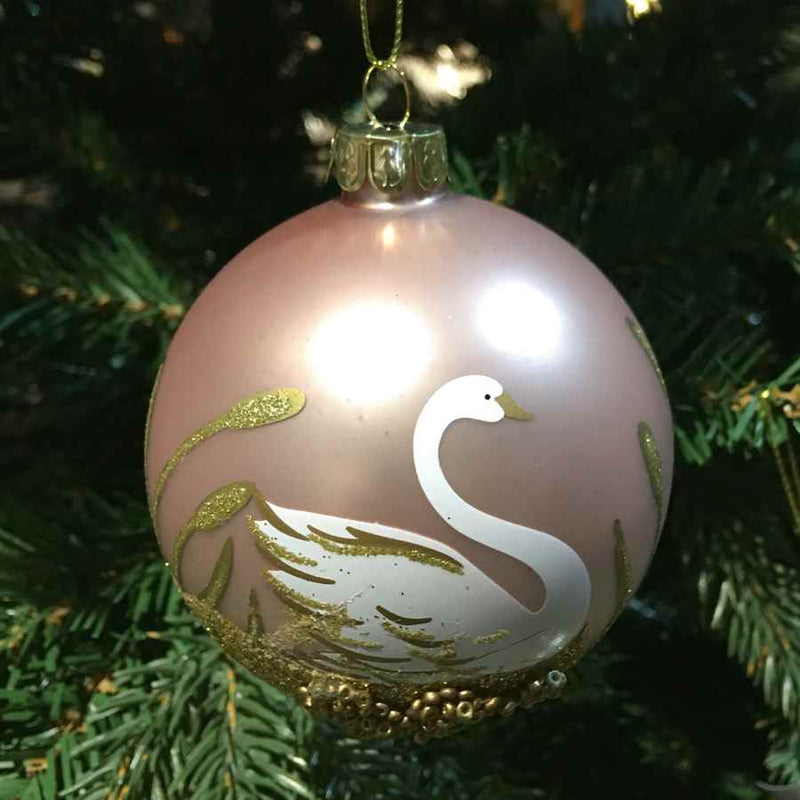 Gisela Graham Matt Pink Glass Bauble with Swan and Gold Leaves on Christmas Tree