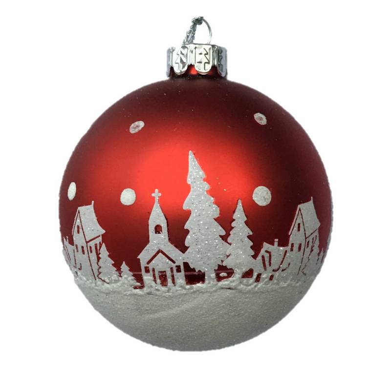 Gisela Graham Matt Red Glass Ball with White Glitter Snow Scene back