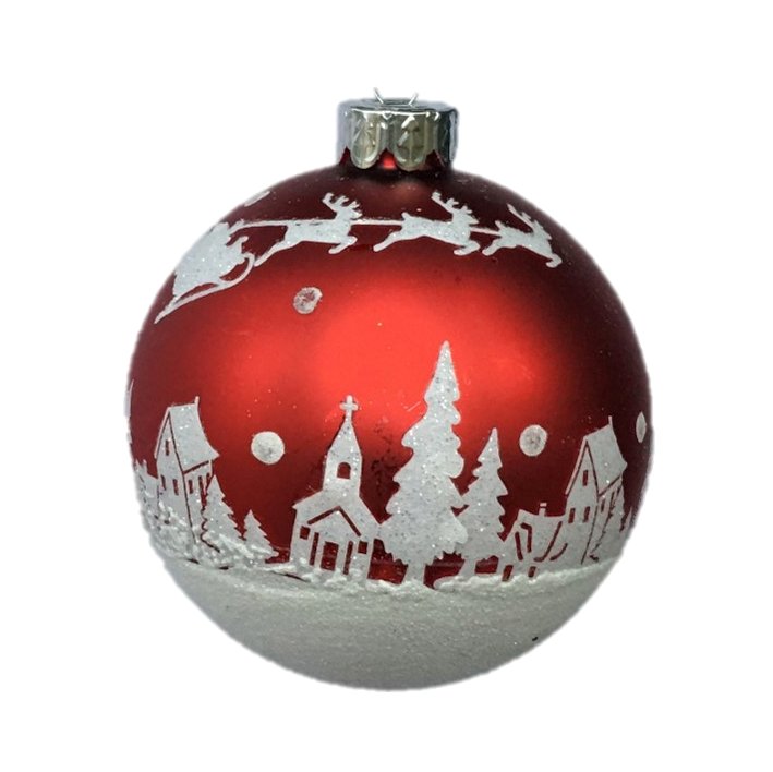 Gisela Graham Matt Red Glass Ball with White Glitter Snow Scene front