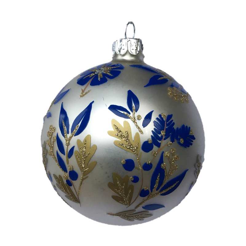 Gisela Graham Matt White Glass Ball with Blue and Gold Flowers