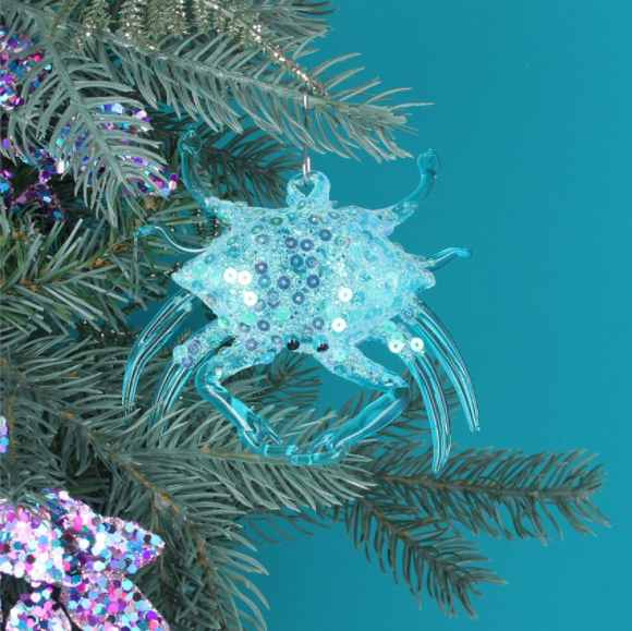 Gisela Graham Opaque Blue Glass and Sequins Crab Decoration on tree
