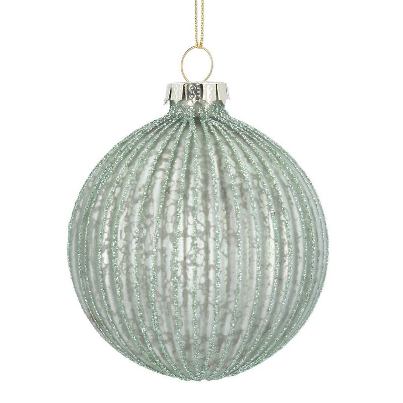 Gisela Graham Pale Green Glitter Ribbed Glass Bauble 00657 main