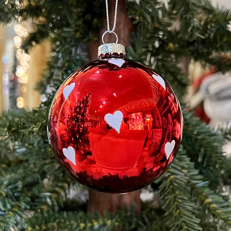 Gisela Graham Shiny Red Glass Ball With White Glitter Hearts on tree