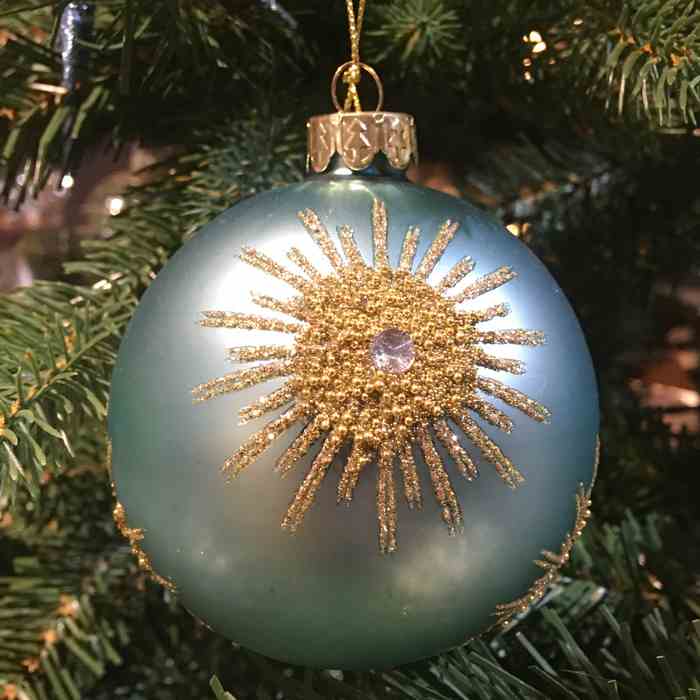 Gisela Graham Turquoise Glass Ball with Gold Beaded Star Burst on Christmas Tree