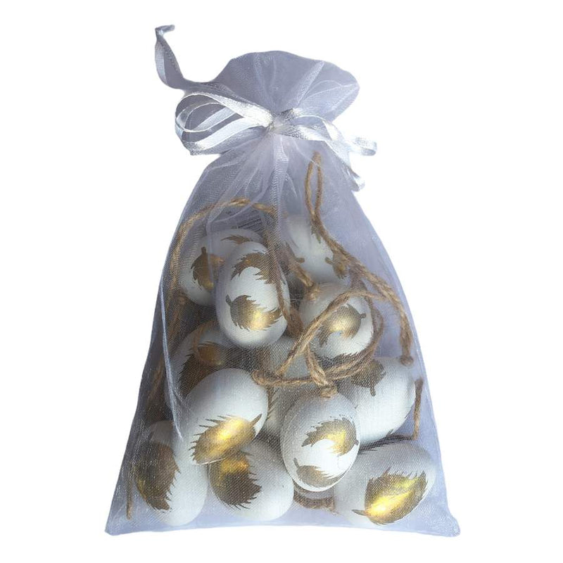 Gisela Graham White Acrylic Mini Egg Gold Feather bag of 12