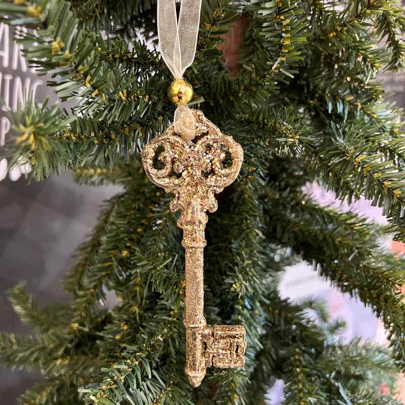 Gold Glitter Hanging Key Christmas Decoration on tree