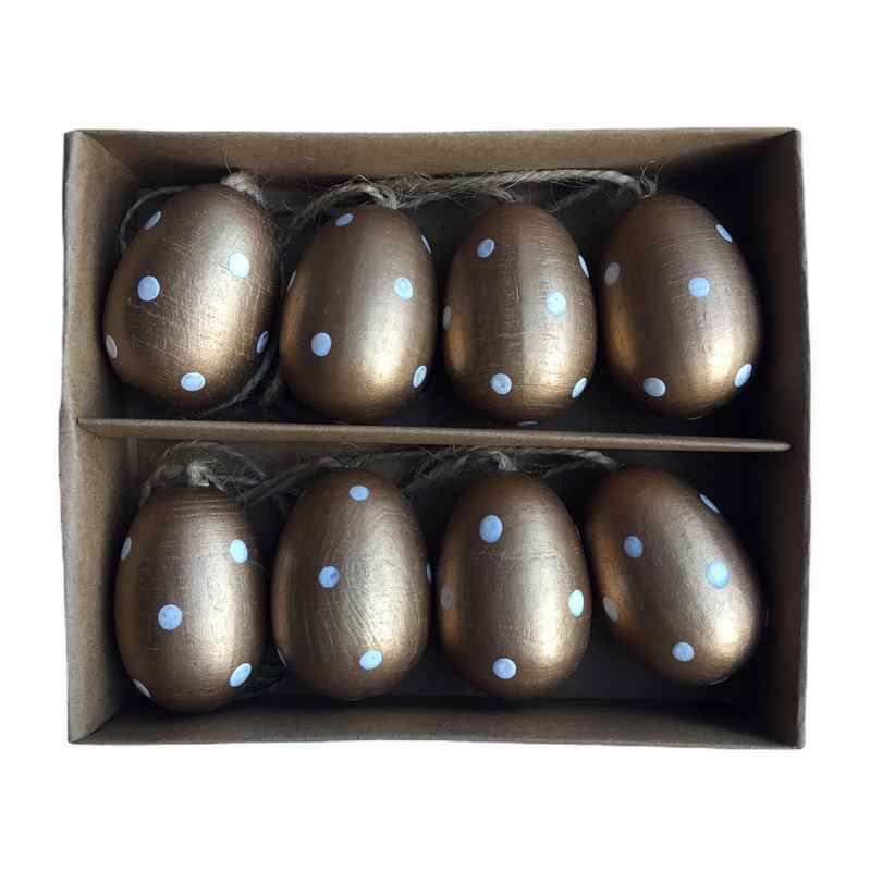 Gold Wood Mini Eggs With White Dots Box of 8