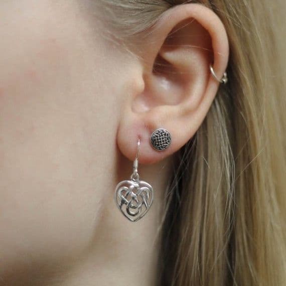 Hamilton & Young Celtic Knot Silver Heart Drop Earrings 0567 on model