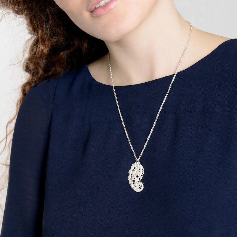 I Love A Lassie Antique Lace Paisley Pendant Silver Necklace on model
