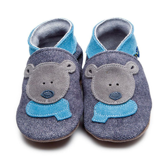 Inch Blue Baby Booties Bertie Bear Denim & Indigo front
