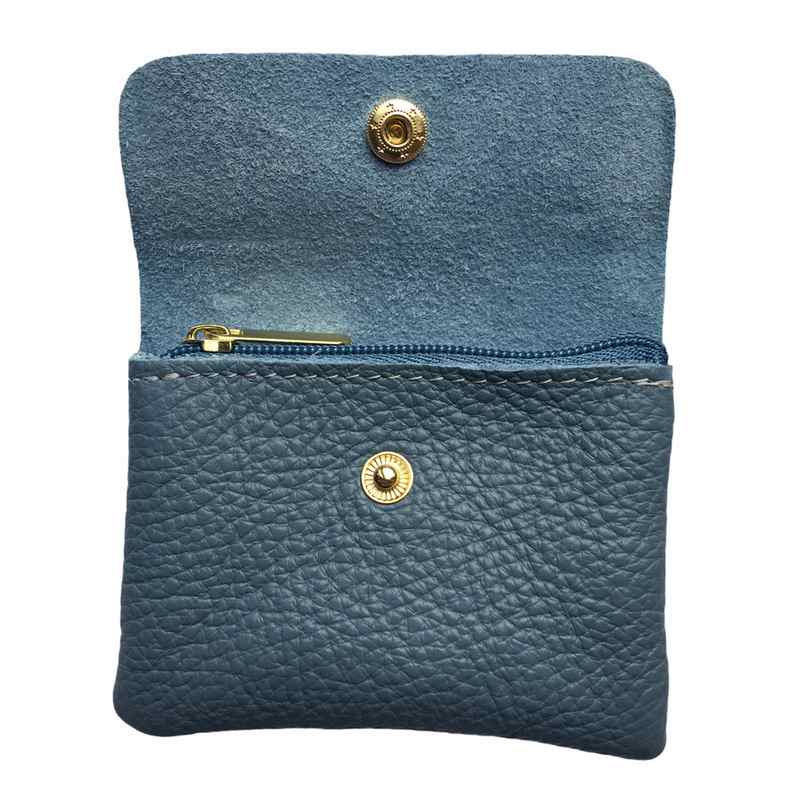 Italian Leather 3 Pocket Purse in Denim Blue open