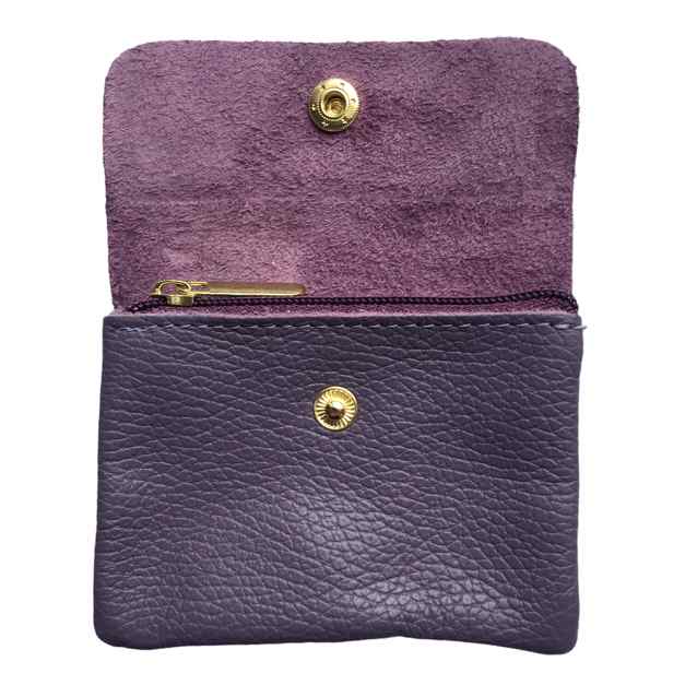 Italian Leather 3 Pocket Purse in Grape Purple open