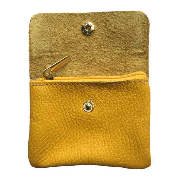 Italian Leather 3 Pocket Purse in Mustard Yellow open