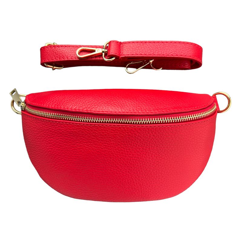Italian Leather Crescent Bag in Berry Red with strap