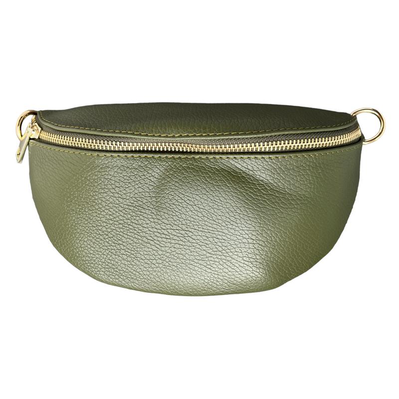 Italian Leather Crescent Bag in Olive Green front