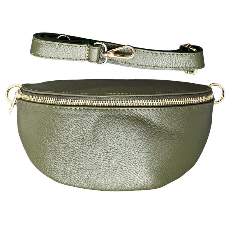 Italian Leather Crescent Bag in Olive Green with strap