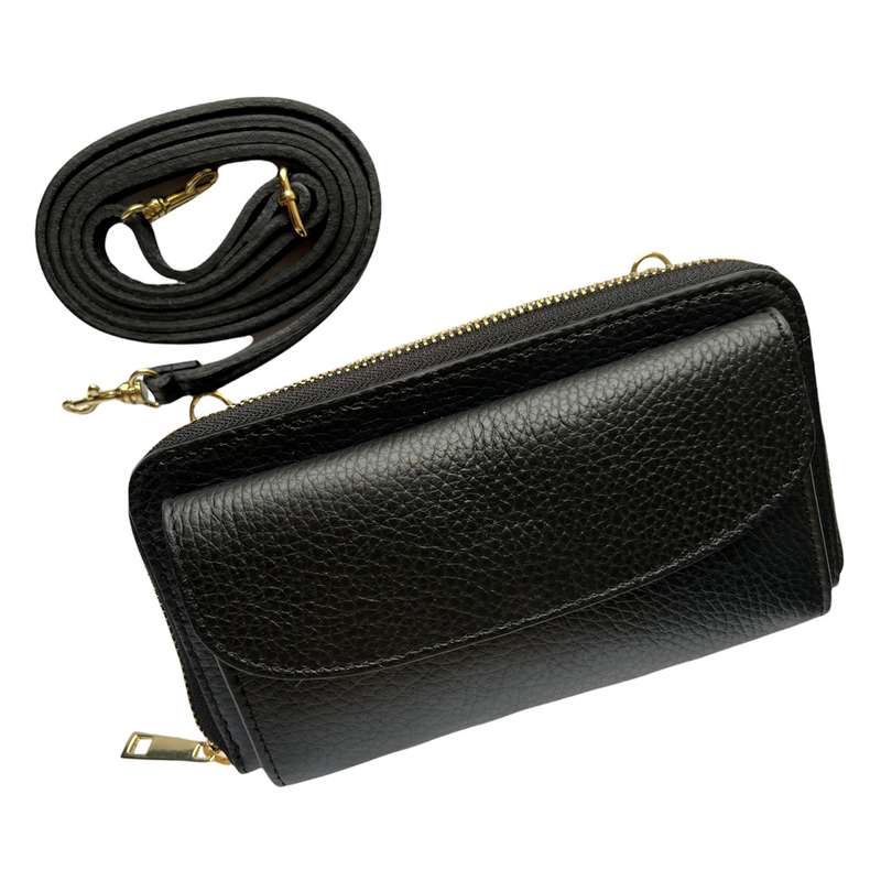Italian Leather Cross-Body Bag Black PS469-Black with strap