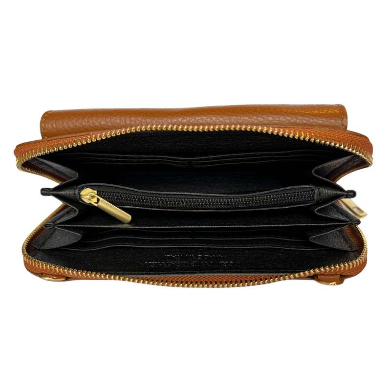 Italian Leather Cross-Body Bag PS469-Dark Tan open