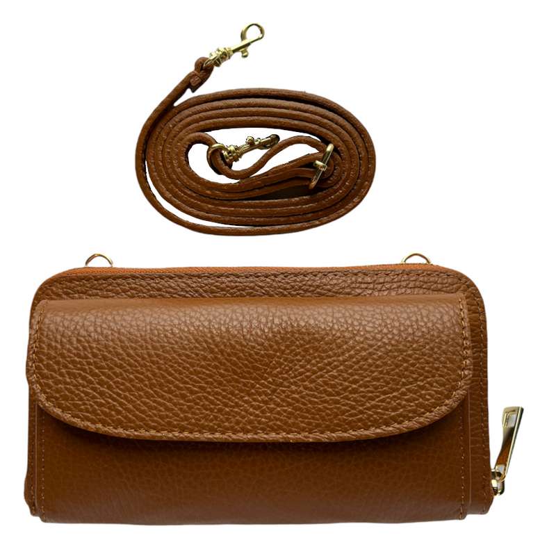 Italian Leather Cross-Body Bag PS469-Dark Tan with strap