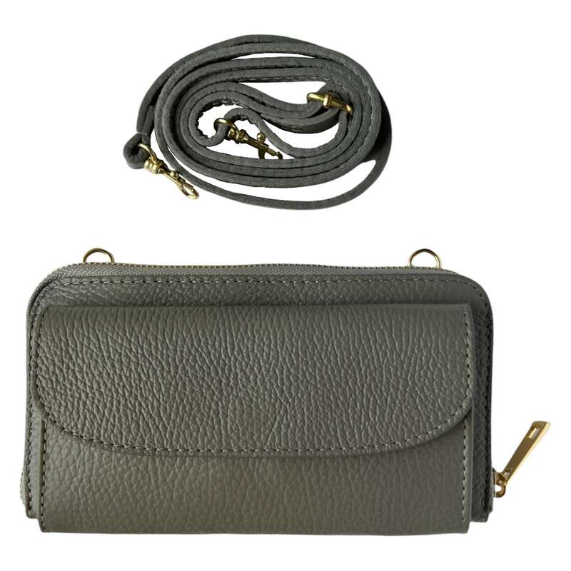 Italian Leather Cross-Body Bag PS469-Light Grey with strap