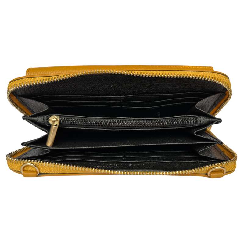 Italian Leather Cross-Body Bag PS469-Mustard open