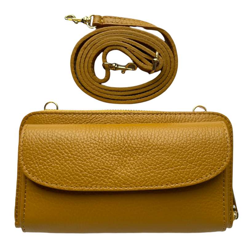 Italian Leather Cross-Body Bag PS469-Mustard with strap