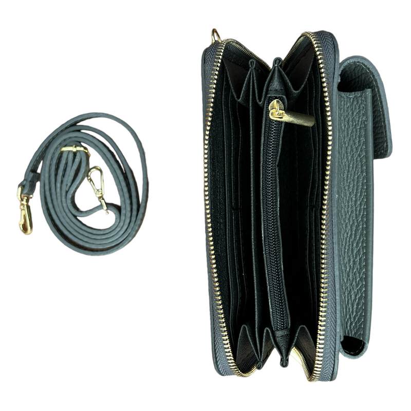 Italian Leather Cross-Body Purse Dark Grey PS462 open