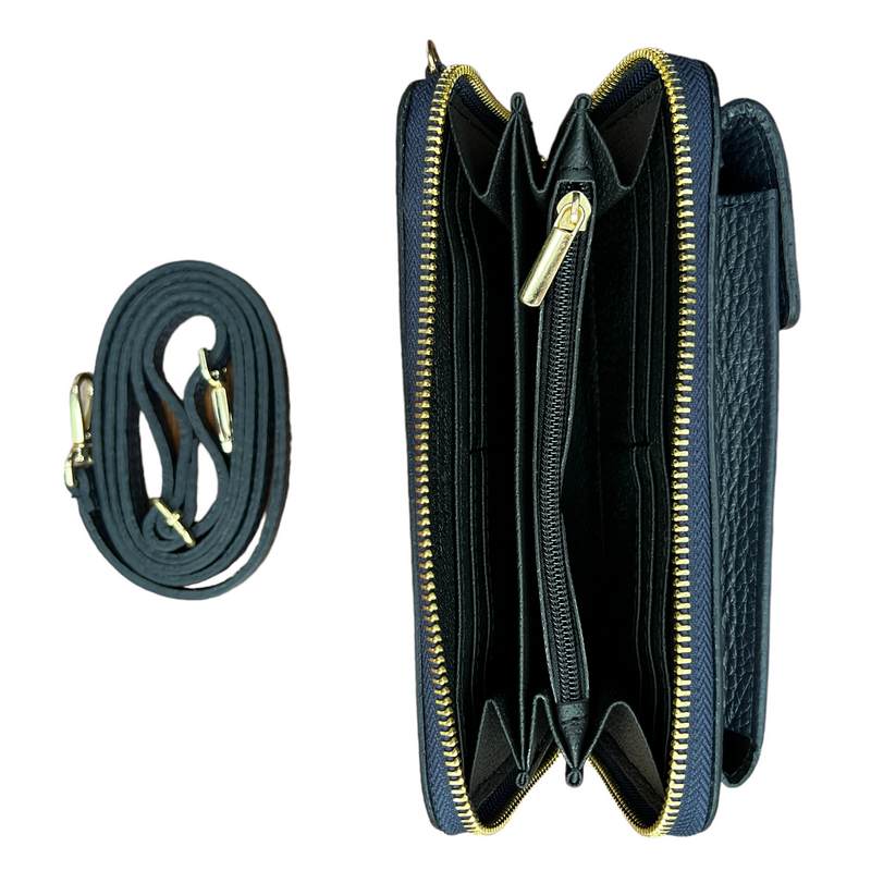 Italian Leather Cross-Body Purse Navy Blue PS462 open