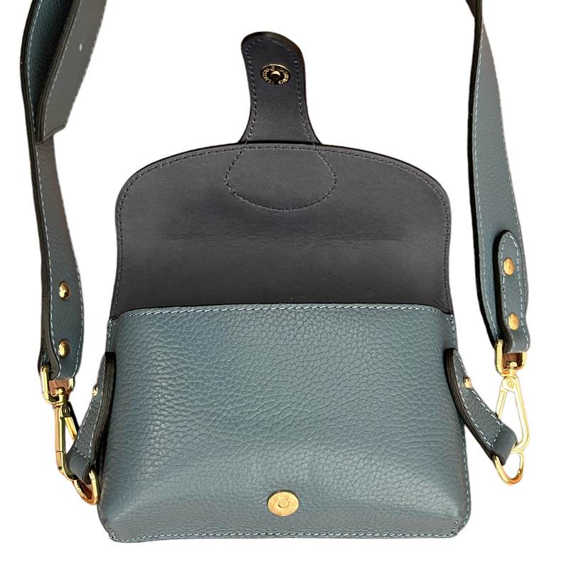 Italian Leather Mini Handbag in Denim Blue open