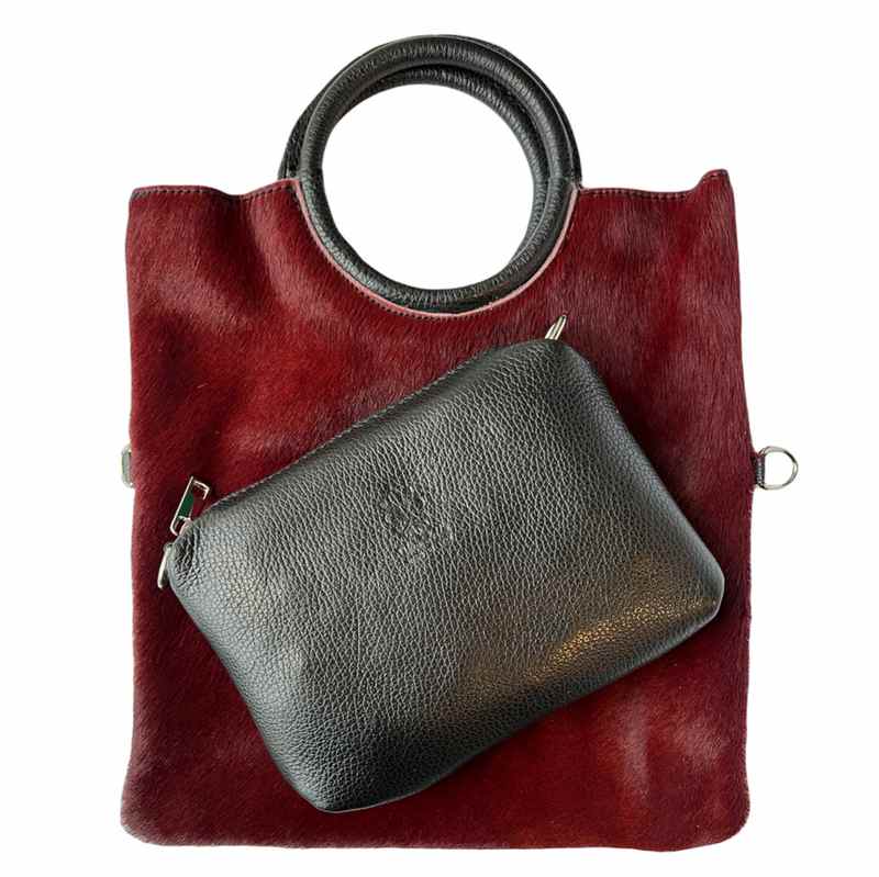 Italian Burgundy Fur-on Leather Multi-use Tote with pouch
