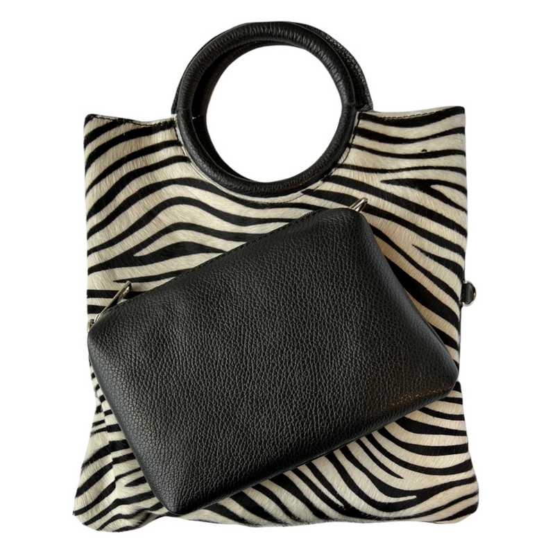 Italian Zebra Stripes Fur-on Leather Multi-use Tote PM455-ZEBRA pouch