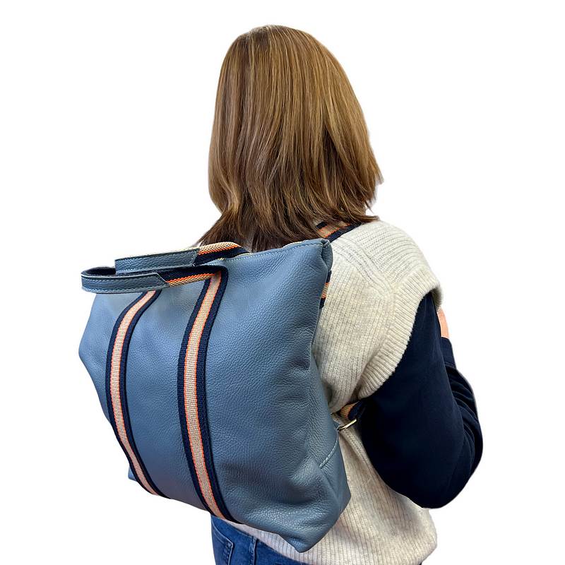 Italian Leather Multi Shoulder and Backpack Denim Blue on model side