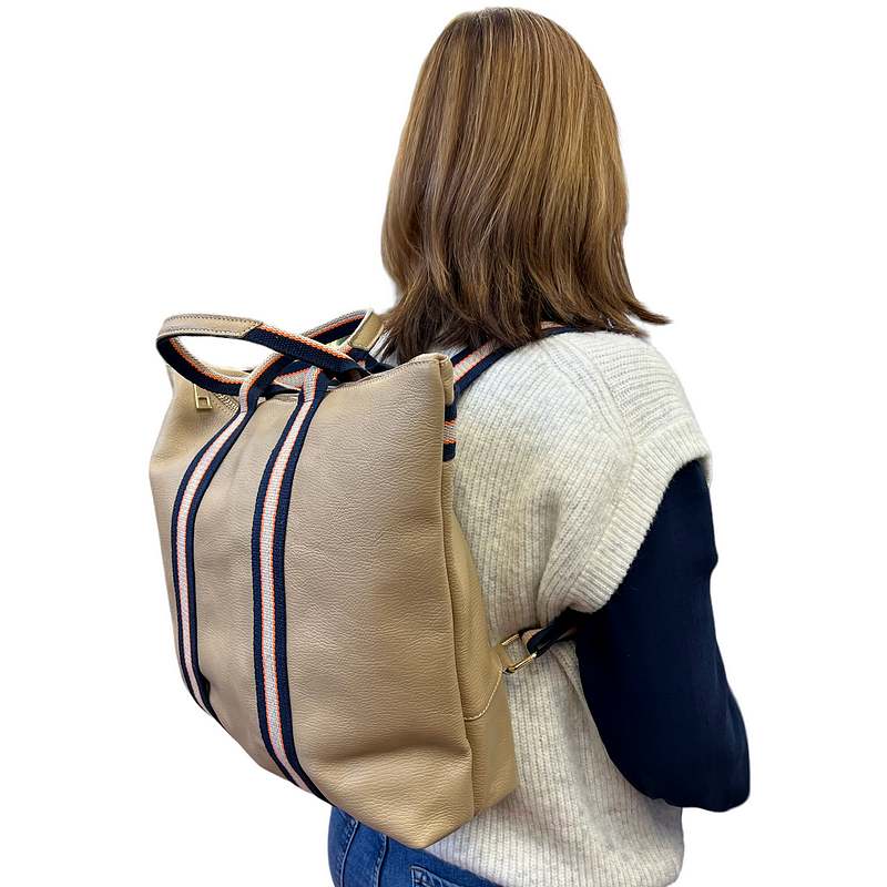 Italian Leather Multi Shoulder and Backpack Light Taupe on model side