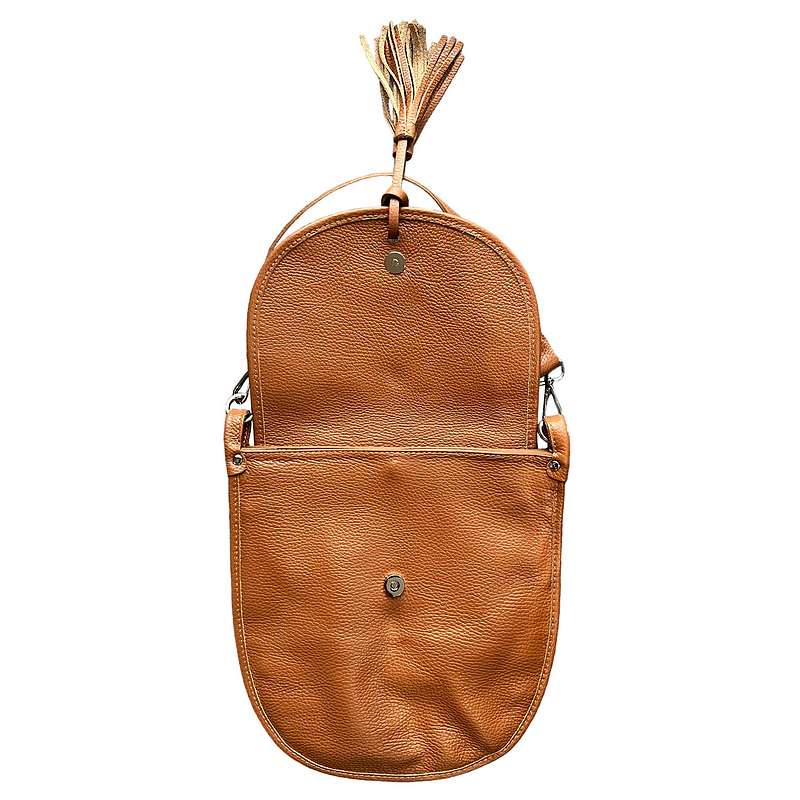 Italian Leather Tassel Bag in Dark Tan PM456 open