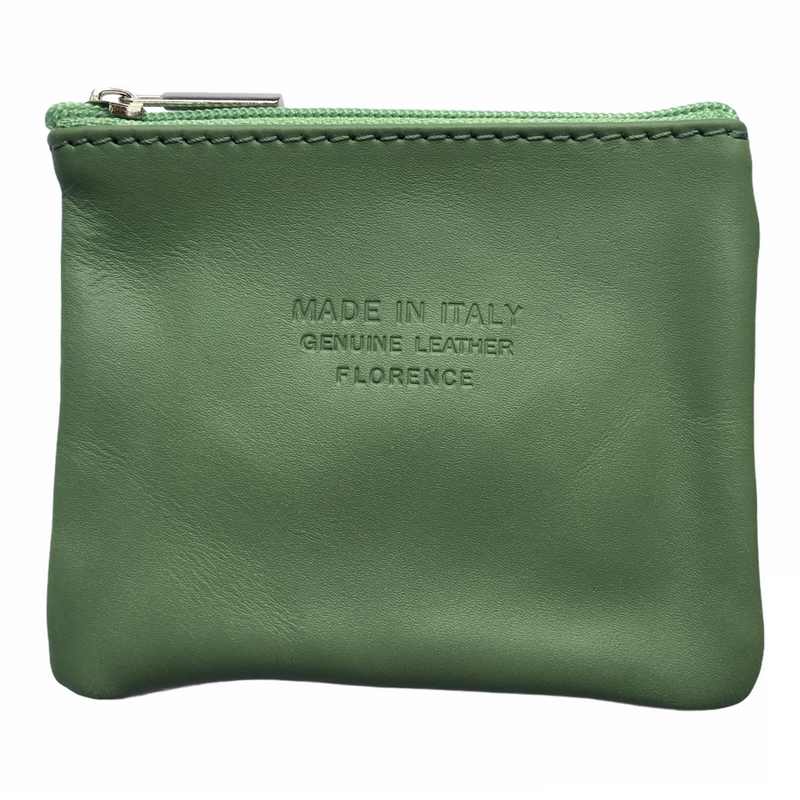 Italian Leather Zip Coin Purse in Moss Green front