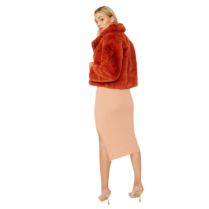 Jayley Fashion Faux Fur Cropped Jacket Burnt Orange FMJ43A-D08 on model back