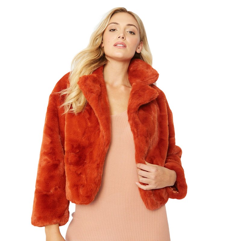 Jayley Fashion Faux Fur Cropped Jacket Burnt Orange FMJ43A-D08 on model close-up