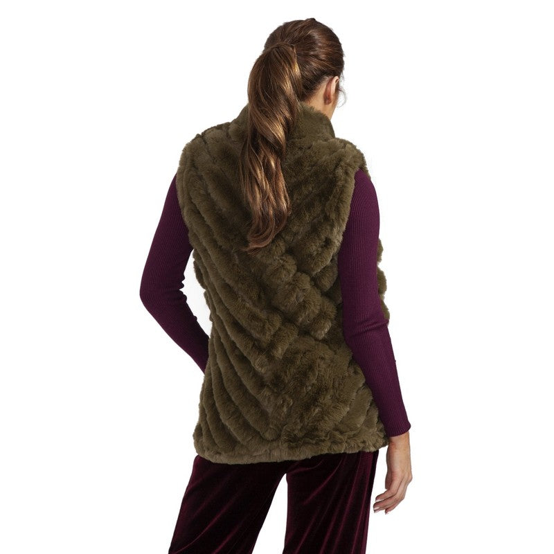 Jayley Fashion Faux Fur Diagonal Striped Gilet Green FMUG365A-G07 on model back