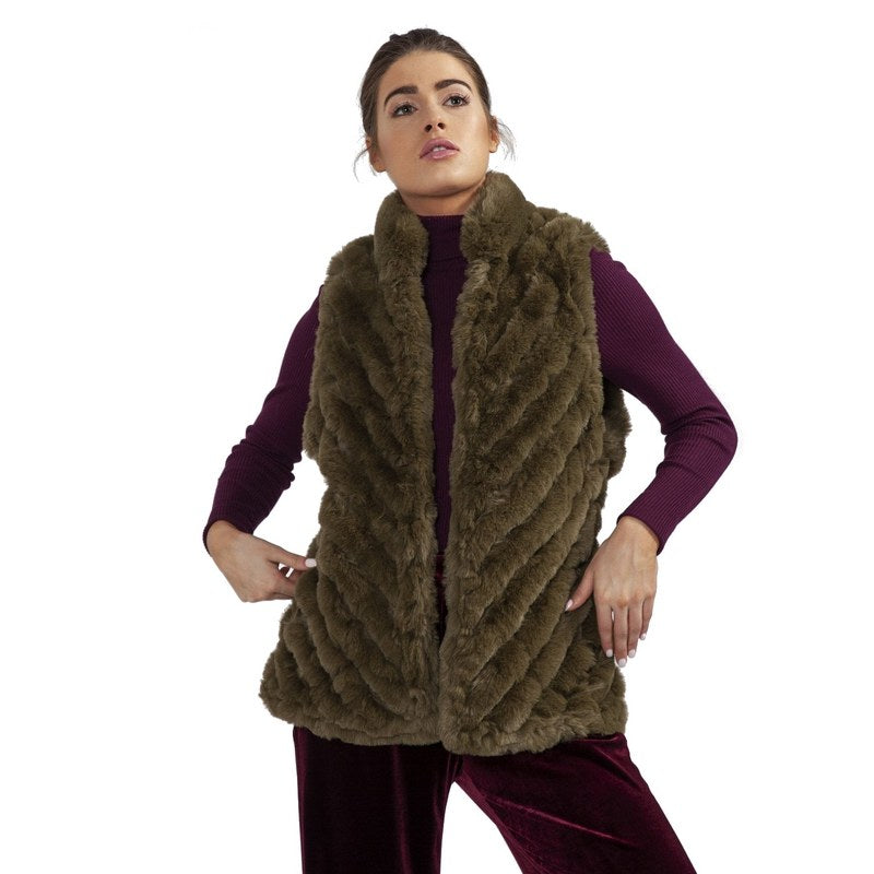 Jayley Fashion Faux Fur Diagonal Striped Gilet Green FMUG365A-G07 on model front