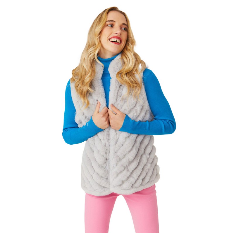 Jayley Fashion Faux Fur Faux Suede Diagonal Stripe Gilet FMUG365A-03S on model front