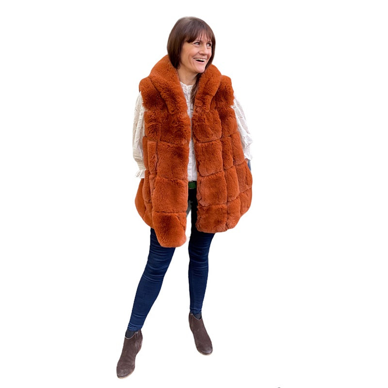 Jayley Fashion Faux Fur Hooded Gilet Burnt Orange FMG55A-G09 on Helen front
