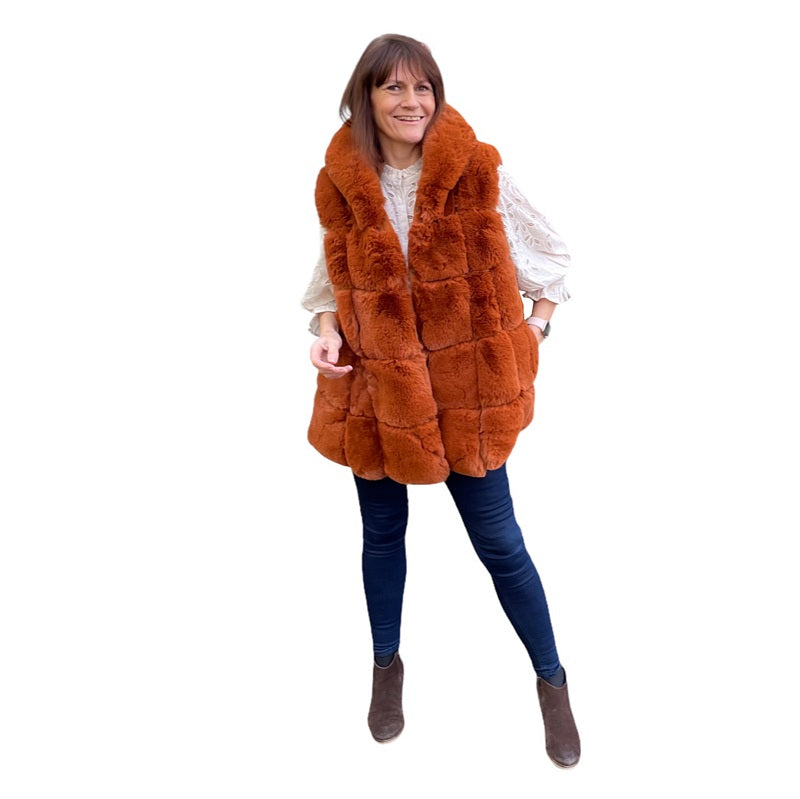Jayley Fashion Faux Fur Hooded Gilet Burnt Orange FMG55A-G09 on Helen main