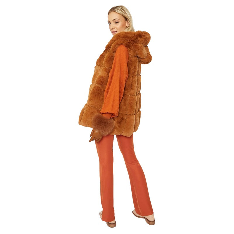 Jayley Fashion Faux Fur Hooded Gilet Burnt Orange FMG55A-G09 on model back