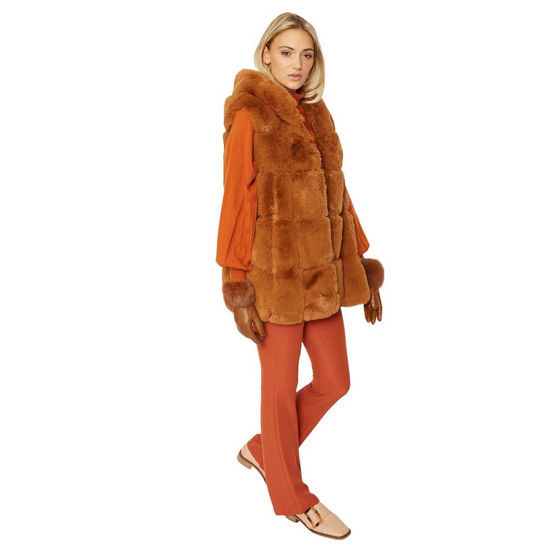 Jayley Fashion Faux Fur Hooded Gilet Burnt Orange FMG55A-G09 on model side