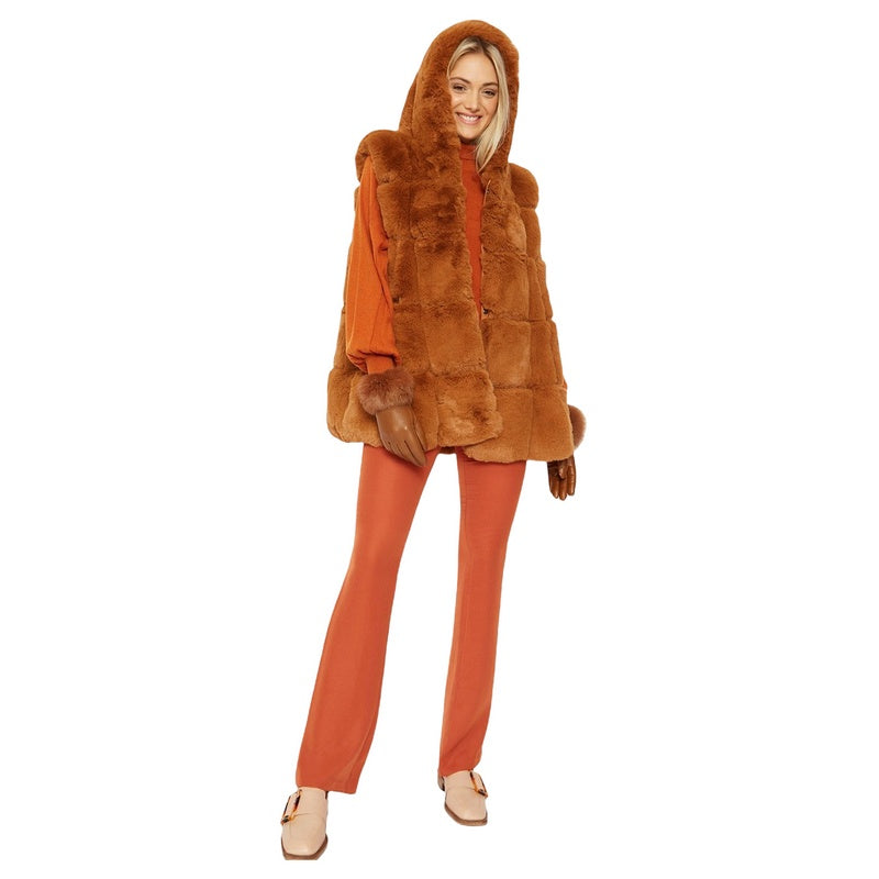 Jayley Fashion Faux Fur Hooded Gilet Burnt Orange FMG55A-G09 on model with hood up