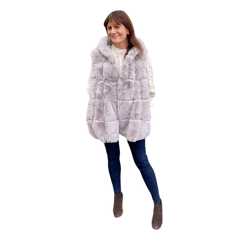 Jayley Fashion Faux Fur Long Hooded Gilet Powder Grey FMG55A-03S on model front