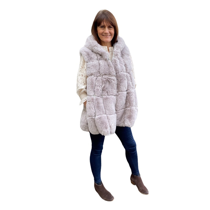 Jayley Fashion Faux Fur Long Hooded Gilet Powder Grey FMG55A-03S on model main